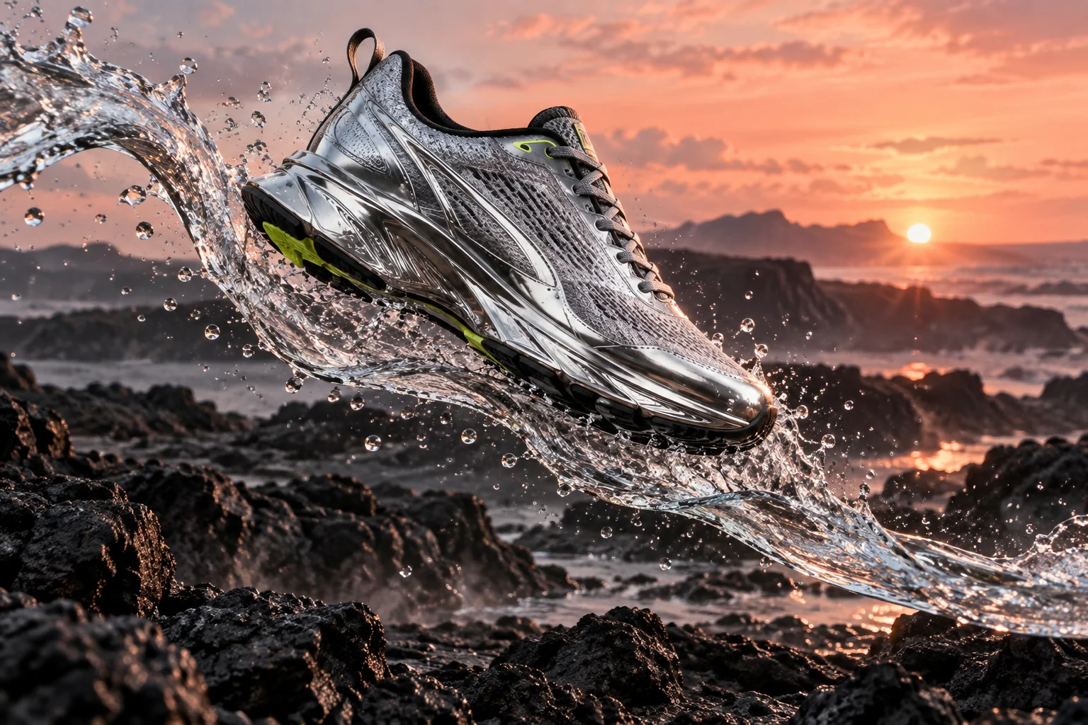 Original AI-generated product ad study of a chrome running shoe riding a ribbon of water